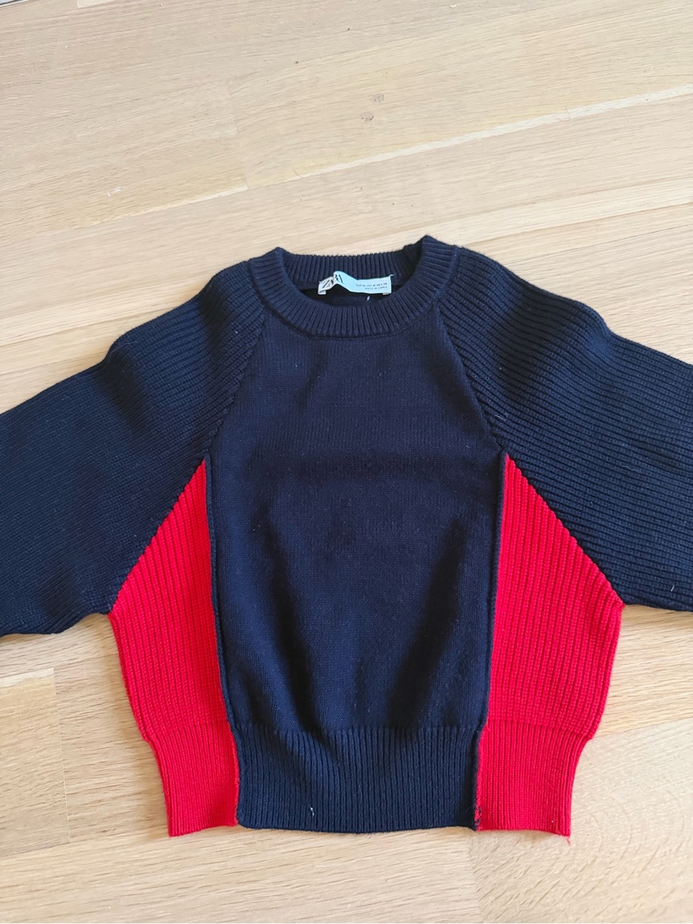 Zara Black Crewneck Sweater with Red Side Panels